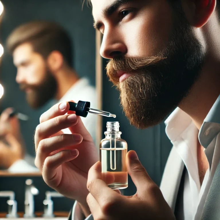 A man with a patchy beard looking in the mirror while applying beard oil for growth in a modern bathroom.