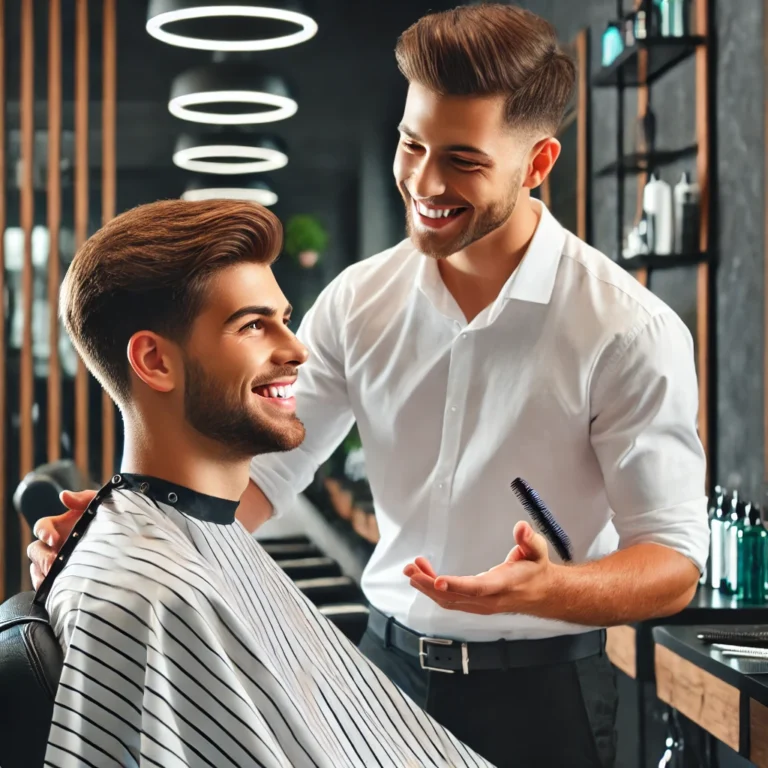 A barber talking to a smiling client in a modern barbershop, showcasing strong customer relationships.