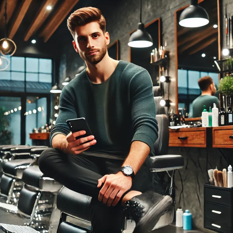 A barber standing in a modern barbershop, using a smartphone to manage social media and booking appointments.