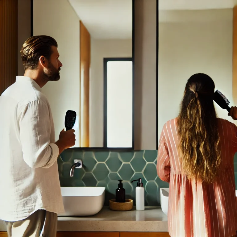 A woman and a man brushing their hair in a bathroom, showcasing a daily hair care routine with natural lighting.