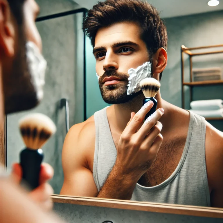 A man standing in front of a bathroom mirror, applying shaving cream to his face in preparation for shaving.